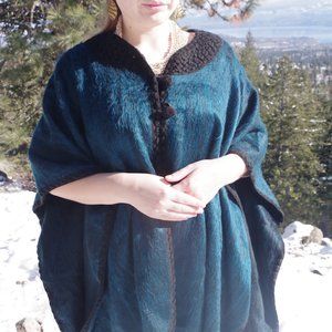 Alpaca Cape Antique Blue & Black Big Black Buttons